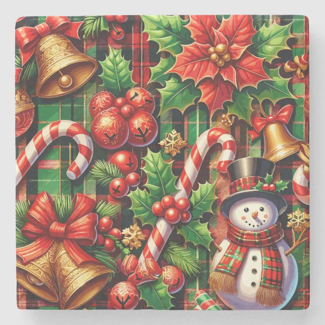 Vibrant Christmas Plaid Stone Coaster (Front)