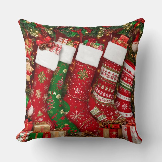 Vibrant Christmas Stockings Throw Pillow (Front)