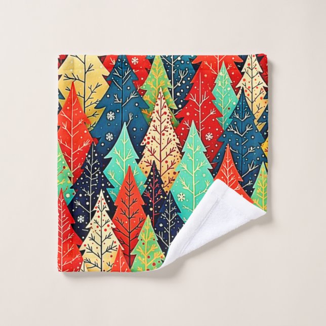 Vibrant Christmas Tree Pattern Art Bath Towel Set (Wash Cloth)