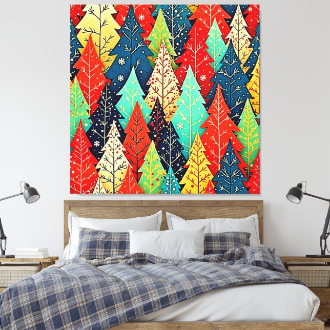 Vibrant Christmas Tree Pattern Art Canvas Print (Insitu(Bedroom))