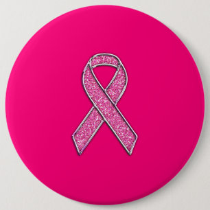 Vibrant Chrome Glitter Style Pink Ribbon Awareness 6 Inch Round Button
