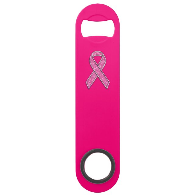 Vibrant Chrome Glitter Style Pink Ribbon Awareness Bar Key (Front)