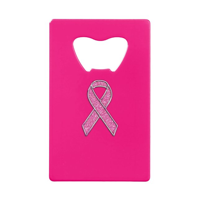 Vibrant Chrome Glitter Style Pink Ribbon Awareness Credit Card Bottle Opener (Front)