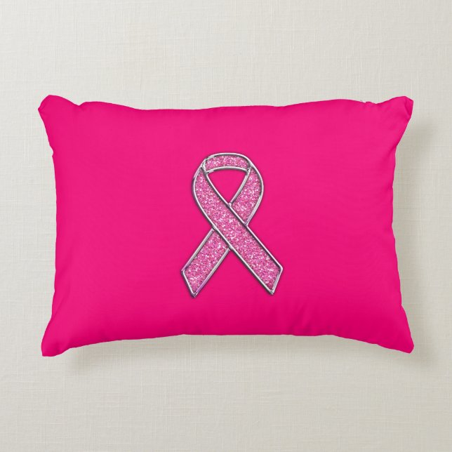 Vibrant Chrome Glitter Style Pink Ribbon Awareness Decorative Pillow (Front)