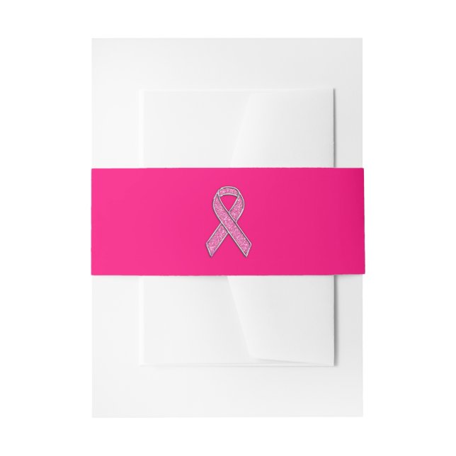 Vibrant Chrome Glitter Style Pink Ribbon Awareness Invitation Belly Band (Front Example)