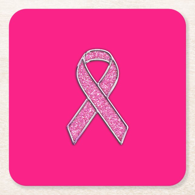Vibrant Chrome Glitter Style Pink Ribbon Awareness Square Paper Coaster (Front)