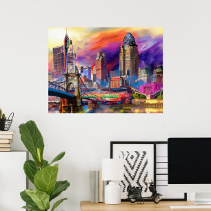 Vibrant Cincinnati Ohio Abstract Skyline Art Poster