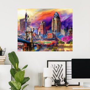 Vibrant Cincinnati Ohio Abstract Skyline Art Poster