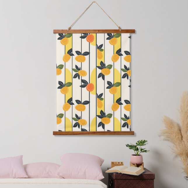 Vibrant Citrus Fruit Pattern with Green Leaves (2) Hanging Tapestry (Bedroom)