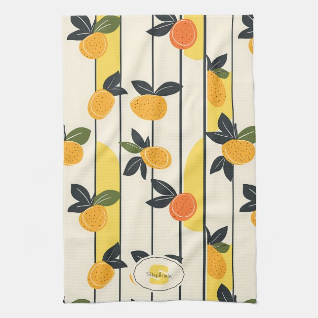 Vibrant Citrus Fruit Pattern with Green Leaves (2) Kitchen Towel (Vertical)