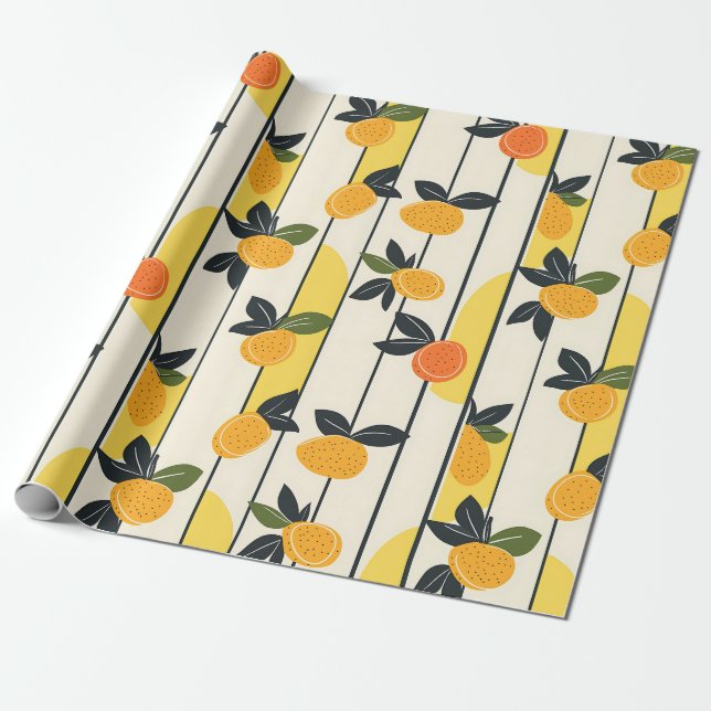 Vibrant Citrus Fruit Pattern with Green Leaves (2) Wrapping Paper (Unrolled)