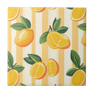 Vibrant Citrus Fruit Pattern with Green Leaves (3) Tile