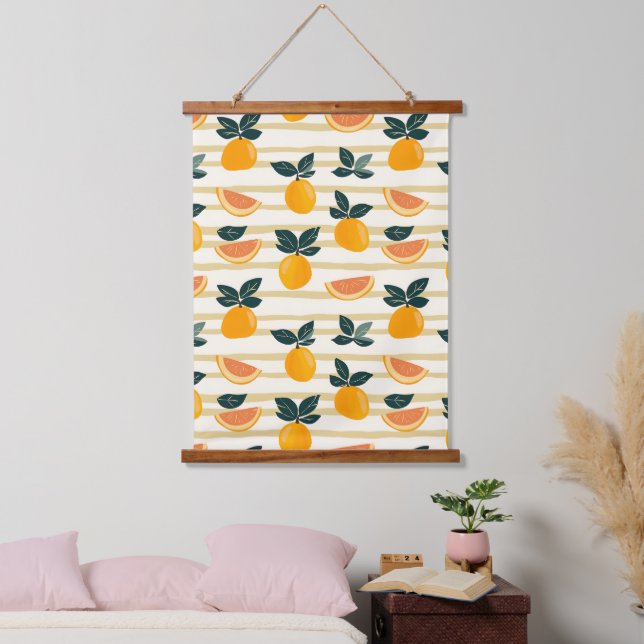 Vibrant Citrus Fruit Pattern with Green Leaves (4) Hanging Tapestry (Bedroom)