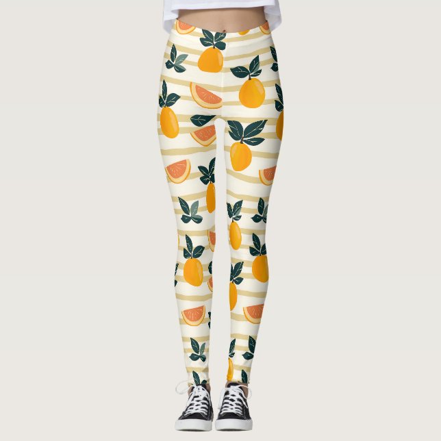 Vibrant Citrus Fruit Pattern with Green Leaves (4) Leggings (Front)