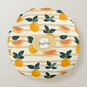 Vibrant Citrus Fruit Pattern with Green Leaves (4) Round Pillow