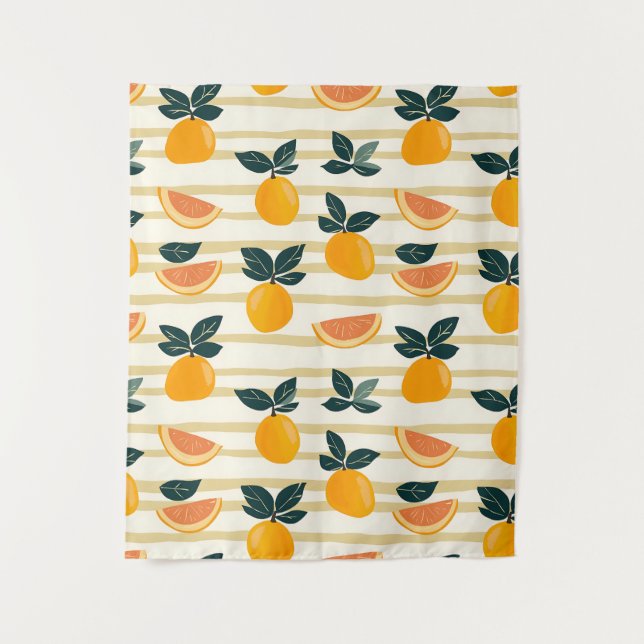 Vibrant Citrus Fruit Pattern with Green Leaves (4) Tapestry (Front)