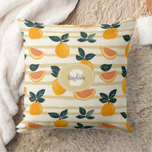 Vibrant Citrus Fruit Pattern with Green Leaves (4) Throw Pillow