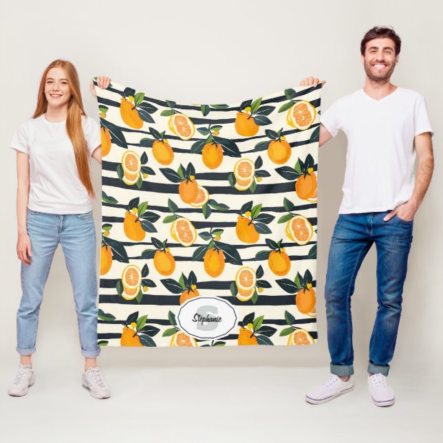 Vibrant Citrus Fruit Pattern with Green Leaves (5) Fleece Blanket (In Situ)