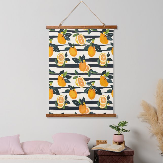 Vibrant Citrus Fruit Pattern with Green Leaves (5) Hanging Tapestry (Bedroom)