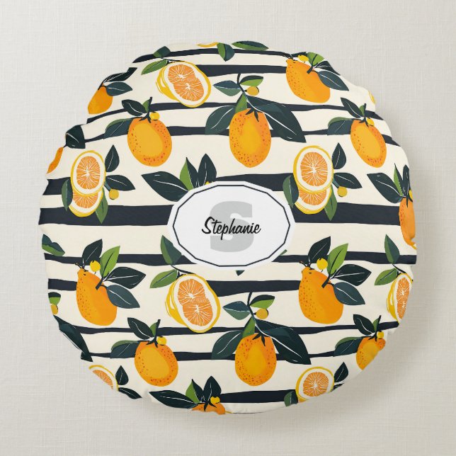 Vibrant Citrus Fruit Pattern with Green Leaves (5) Round Pillow (Front)