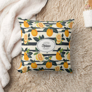 Vibrant Citrus Fruit Pattern with Green Leaves (5) Throw Pillow