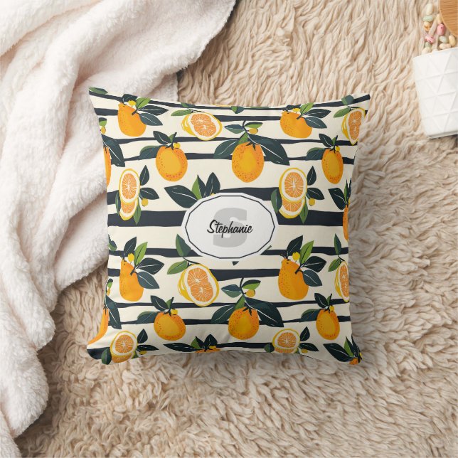 Vibrant Citrus Fruit Pattern with Green Leaves (5) Throw Pillow (Blanket)