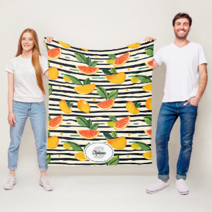 Vibrant Citrus Fruit Pattern with Green Leaves (6) Fleece Blanket
