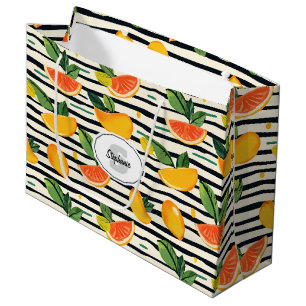 Vibrant Citrus Fruit Pattern with Green Leaves (6) Large Gift Bag