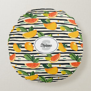 Vibrant Citrus Fruit Pattern with Green Leaves (6) Round Pillow
