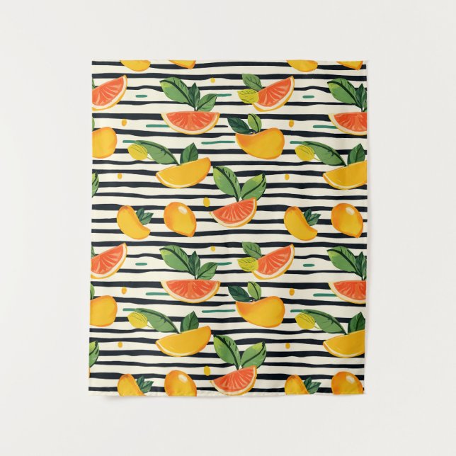 Vibrant Citrus Fruit Pattern with Green Leaves (6) Tapestry (Front)