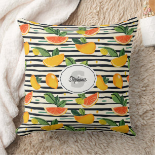 Vibrant Citrus Fruit Pattern with Green Leaves (6) Throw Pillow
