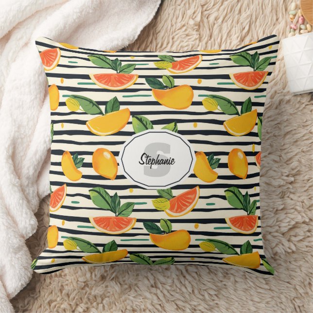 Vibrant Citrus Fruit Pattern with Green Leaves (6) Throw Pillow (Blanket)