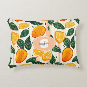 Vibrant Citrus Fruit Pattern with Green Leaves Accent Pillow