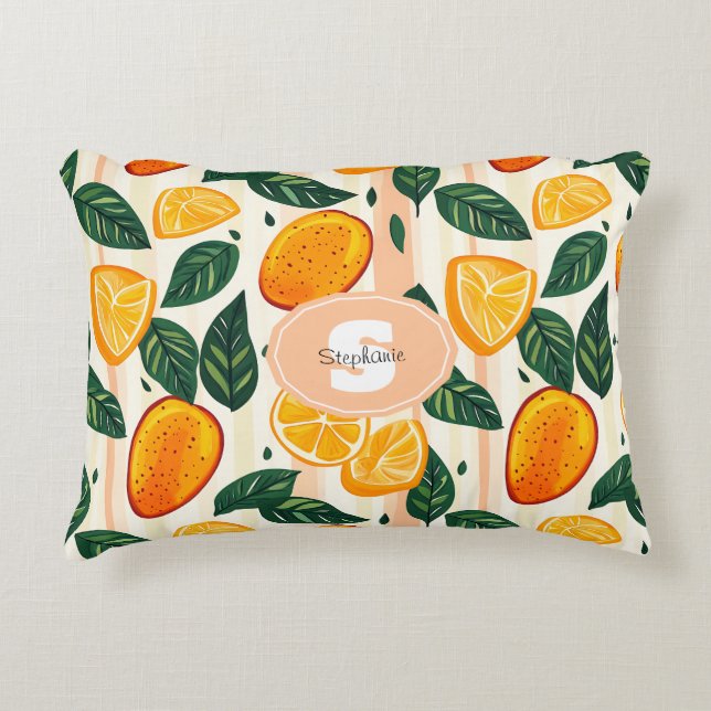 Vibrant Citrus Fruit Pattern with Green Leaves Accent Pillow (Front)