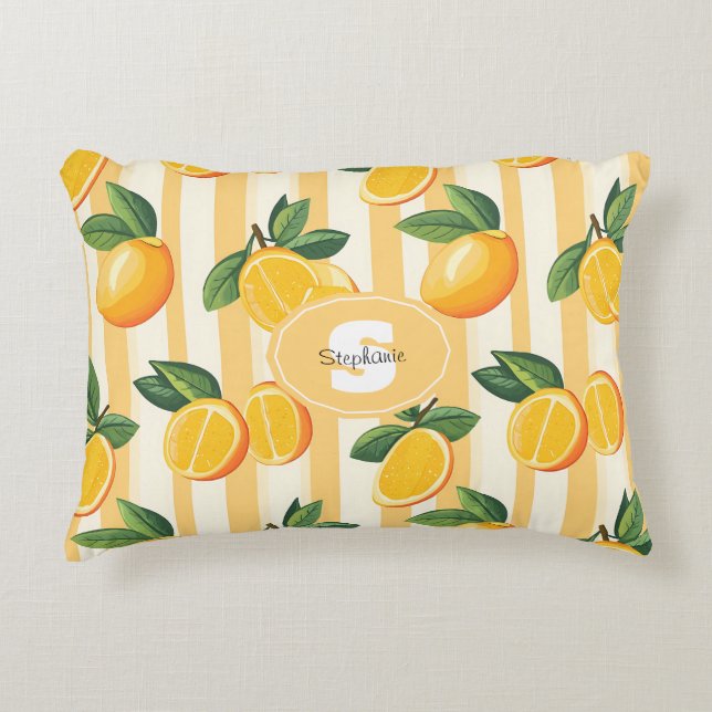Vibrant Citrus Fruit Pattern with Green Leaves () Accent Pillow (Front)