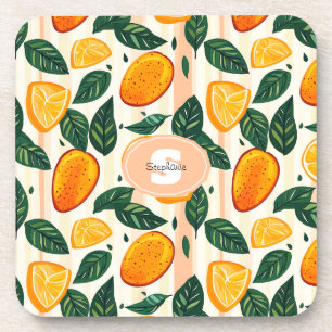 Vibrant Citrus Fruit Pattern with Green Leaves Coaster