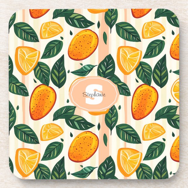 Vibrant Citrus Fruit Pattern with Green Leaves Coaster (Front)