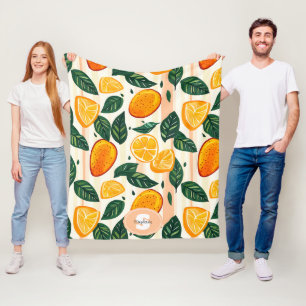 Vibrant Citrus Fruit Pattern with Green Leaves Fleece Blanket