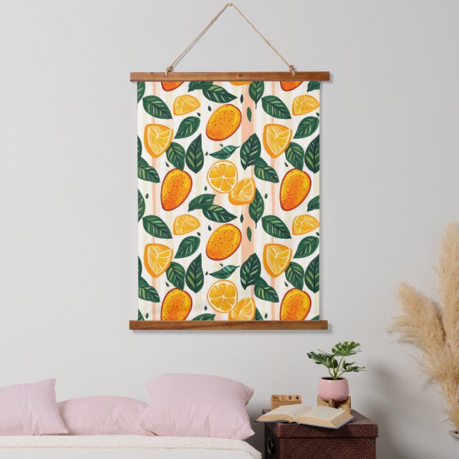 Vibrant Citrus Fruit Pattern with Green Leaves Hanging Tapestry (Bedroom)