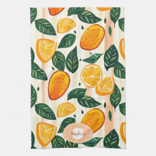 Vibrant Citrus Fruit Pattern with Green Leaves Kitchen Towel