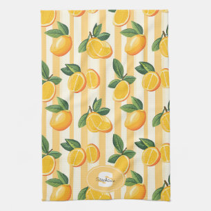 Vibrant Citrus Fruit Pattern with Green Leaves () Kitchen Towel