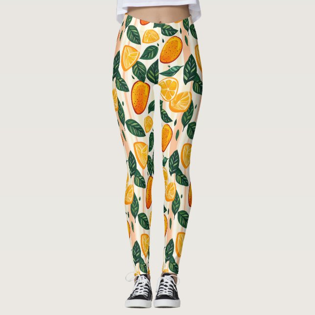 Vibrant Citrus Fruit Pattern with Green Leaves Leggings (Front)
