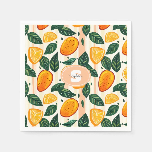 Vibrant Citrus Fruit Pattern with Green Leaves Napkin (Front)