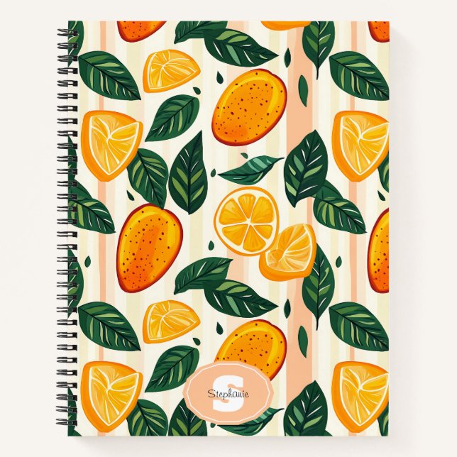 Vibrant Citrus Fruit Pattern with Green Leaves Notebook (Front)