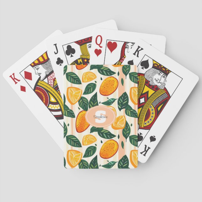 Vibrant Citrus Fruit Pattern with Green Leaves Playing Cards (Back)