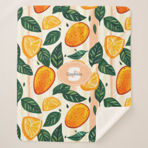 Vibrant Citrus Fruit Pattern with Green Leaves Sherpa Blanket