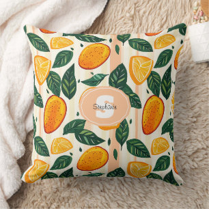Vibrant Citrus Fruit Pattern with Green Leaves Throw Pillow