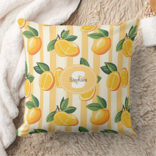 Vibrant Citrus Fruit Pattern with Green Leaves () Throw Pillow