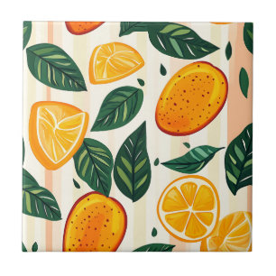 Vibrant Citrus Fruit Pattern with Green Leaves Tile