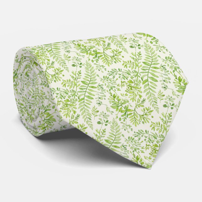 Vibrant Citrus Green and Sage Watercolor Fern Tie (Rolled)